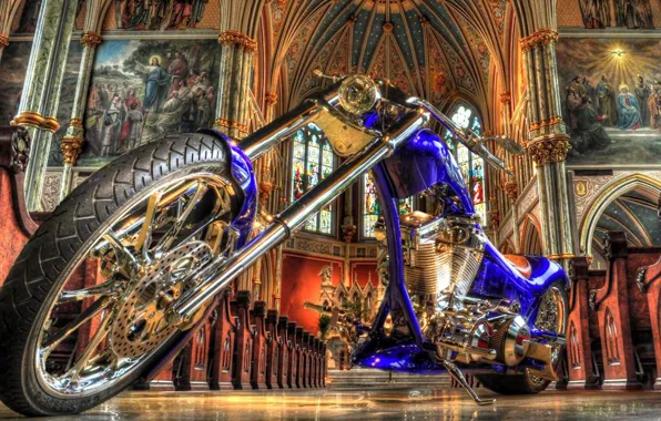 Тюнинг, мотоцикл, церковь, BIKE, VICTORY CYCLES, THUNDER CYCLE DESIGN, CUSTOM CHOPPER