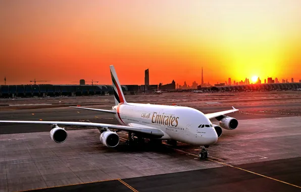 Картинка Закат, Солнце, Самолет, Аэропорт, Дубай, A380, Пассажирский, Airbus