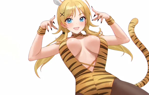Girl, sexy, cleavage, long hair, boobs, animal ears, anime, blue eyes