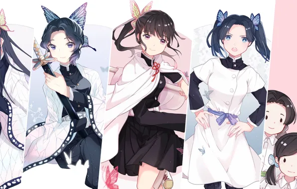 Девушки, коллаж, Black Hair, Клинок Рассекающий Демонов, Shinobu Kochou, Aoi Kanzaki, Kanae Kochou