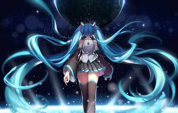 Девушка, земля, спина, планета, аниме, арт, vocaloid, hatsune miku