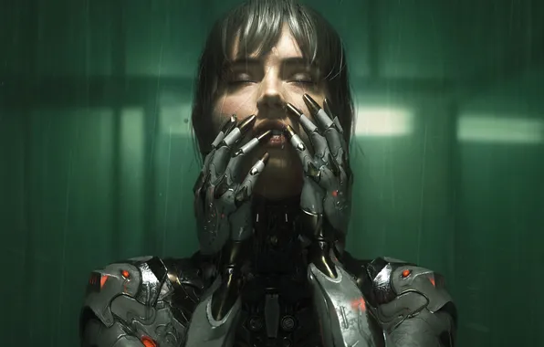 Девушка, фон, руки, брюнетка, арт, киборг, cyberpunk