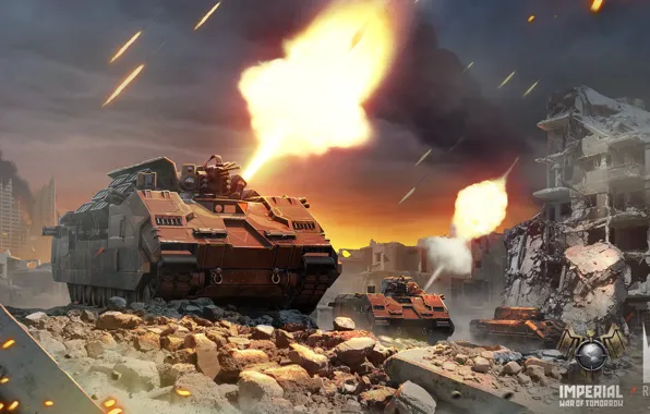 Огонь, техника, руины, Imperial - War of Tomorrow, city battle