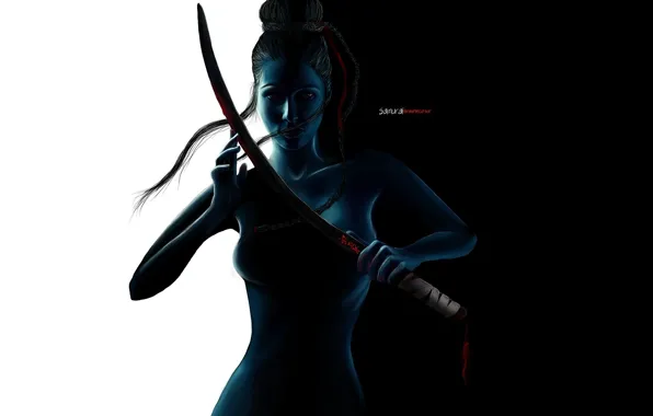 Картинка взгляд, девушка, оружие, фон, samurai
