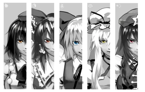 Взгляд, бант, touhou, Aya Shameimaru, разные глаза, Konpaku Youmu, Hakurei Reimu, Touhou Project