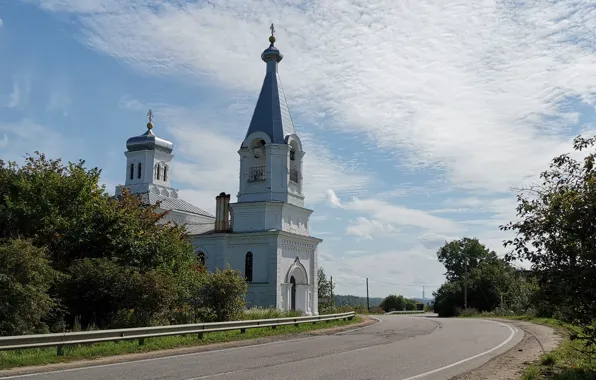 Небо, Природа, Облака, Дорога, Трава, Деревья, Церковь, Лето