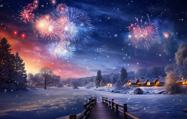 Зима, снег, ночь, lights, салют, Новый Год, деревня, Рождество