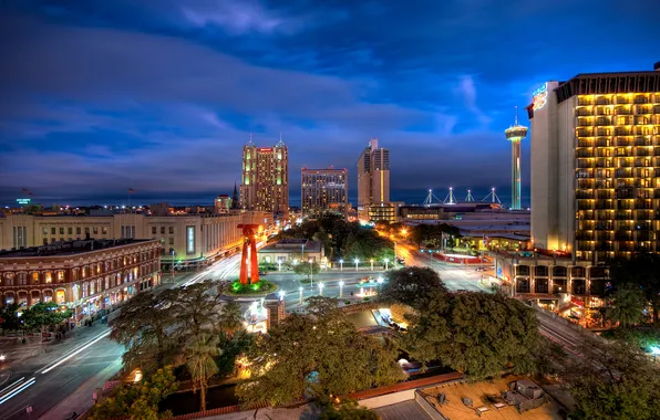 Картинка ночь, night, Downtown, usa, Texas, Техас, San Antonio, Сан-Антонио