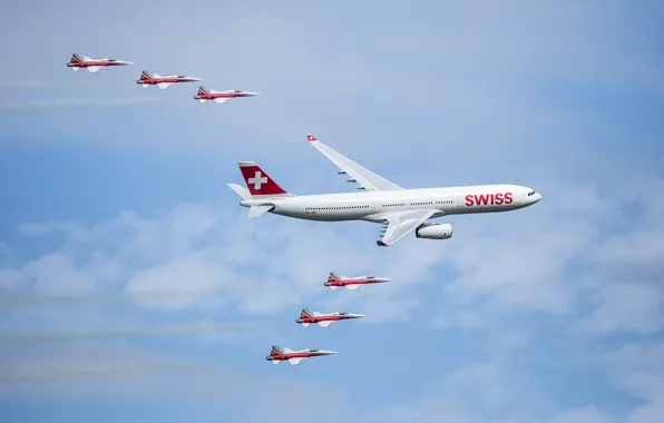 Картинка небо, облака, самолет, Швейцария, парад, аэробус, А350