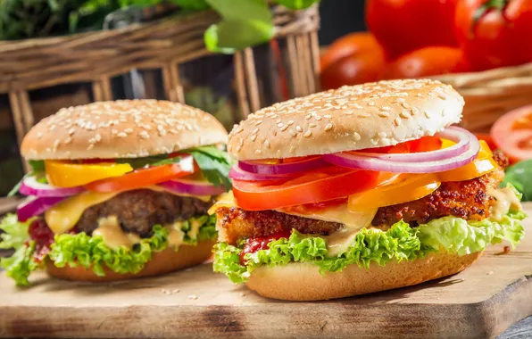 Макро, еда, Closeup of two homemade burgers made ​​from fresh vegetables