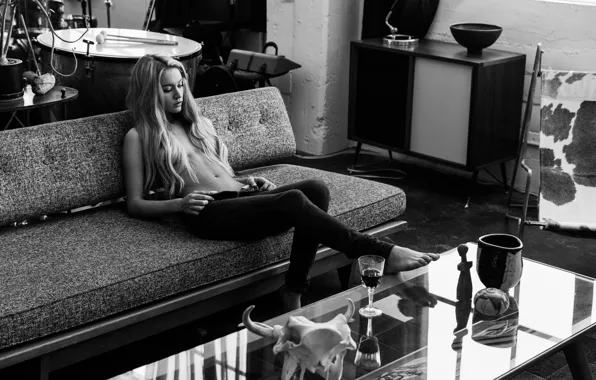 Black&white, girl, monochrome, model, jeans, topless, hair, blonde