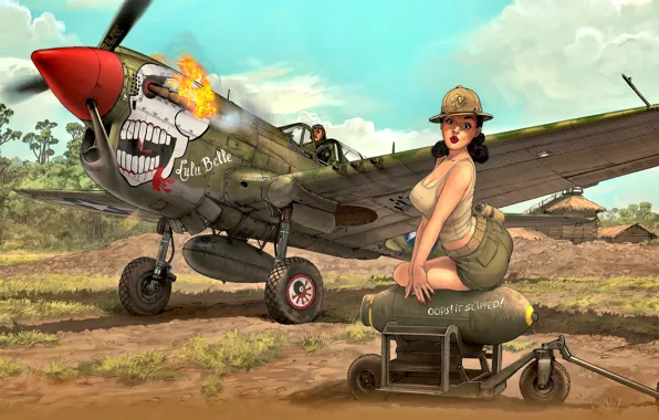 Девушка, лётчик, WWII, P-40N, боевой самолёт, авиабомба, подвесной топливный бак, ''Lulu Belle''
