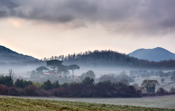 Поле, горы, туман, Италия, field, Italy, mountains, fog