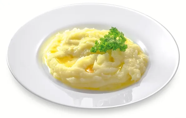 Зелень, масло, тарелка, белый фон, картофельное пюре, сливочное масло