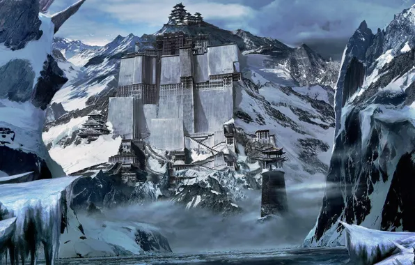 Картинка снег, горы, китай, строения