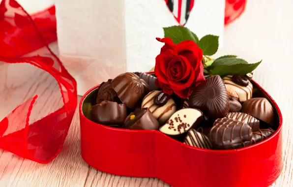 Картинка коробка, подарок, роза, еда, шоколад, конфеты, красная, десерт