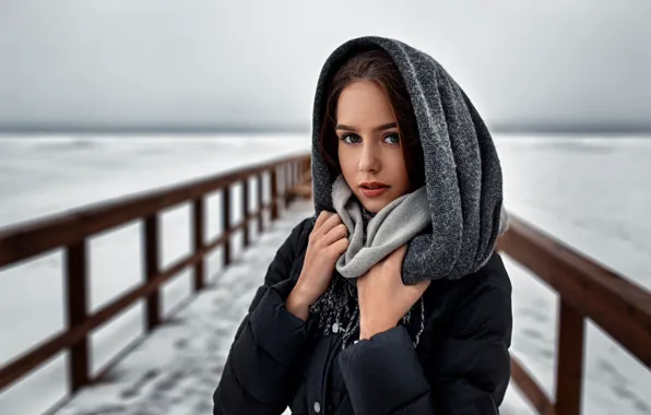 Girl, Model, photo, blue eyes, winter, snow, fence, bokeh