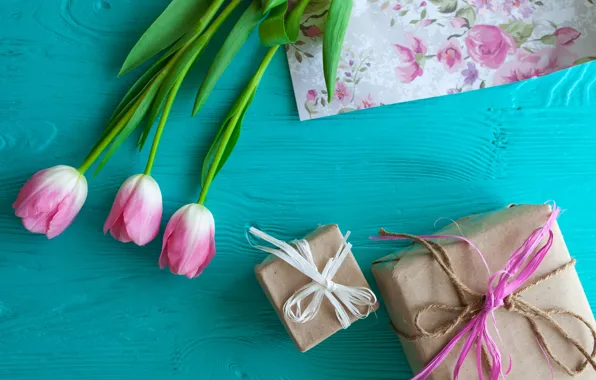 Картинка цветы, подарок, тюльпаны, розовые, wood, pink, flowers, romantic