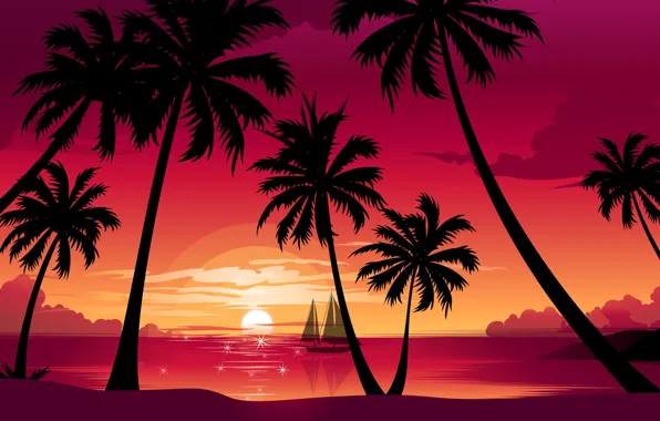 Картинка море, пляж, солнце, закат, природа, пальмы, вектор, кораблик
