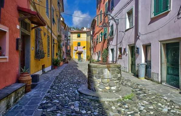 Улица, дома, колодец, Италия, Веццано-Лигуре