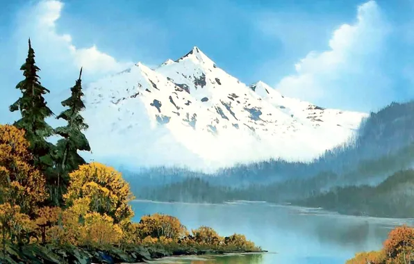 Картинка лес, небо, вода, облака, снег, деревья, пейзаж, горы, туман, река, картина, живопись, Bob Ross, Боб …