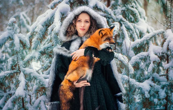 Картинка зима, лес, взгляд, девушка, снег, лиса, капюшон, рыжая