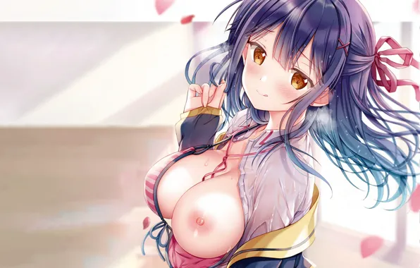 Girl, sexy, cleavage, blouse, long hair, nipples, boobs, anime