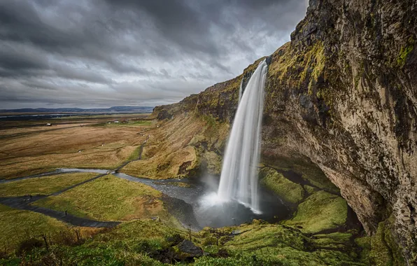 Небо, тучи, скала, обрыв, водопад, Исландия
