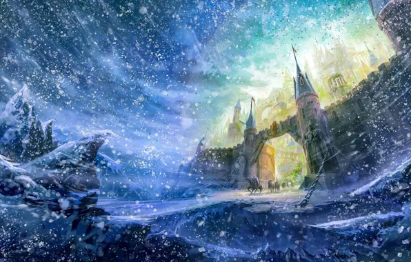 Картинка зима, замок, стена, ворота, wall, всадники, снегопад, winter
