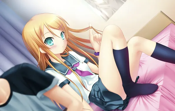 Кровать, школьница, гольфы, двое, длинные волосы, ore no imouto ga konna ni kawaii wake ga …