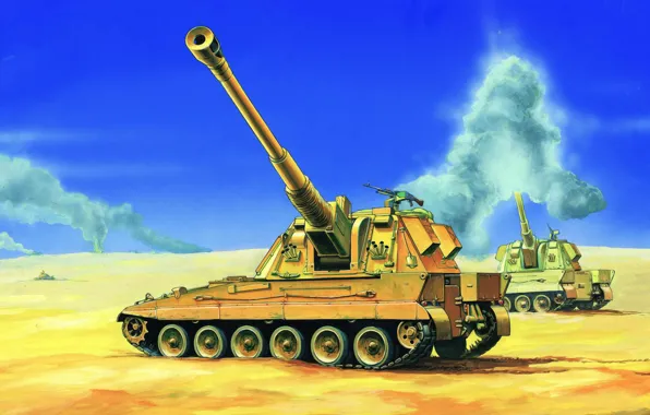 War, art, painting, tank, artillery, AS90 self-propelled gun