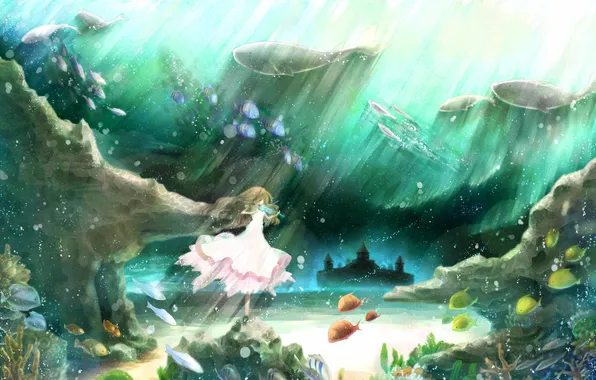 Картинка вода, девушка, свет, рыбы, замок, океан, скрипка, аниме