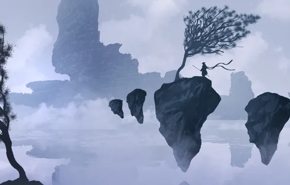 Горы, Рисунок, Скалы, Силуэт, Воин, Пейзаж, Арт, Landscapes