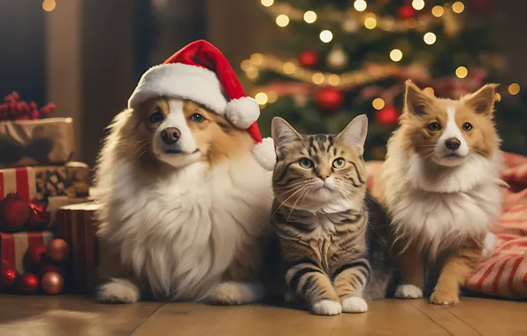 Зима, кошка, собаки, кот, взгляд, снег, поза, котенок