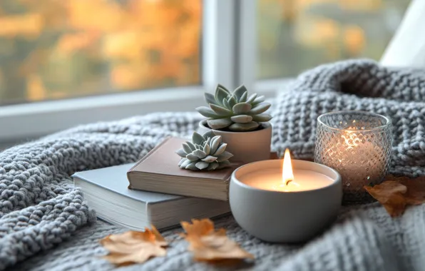 Осень, книги, свечи, окно, суккуленты, ИИ-арт, нейросеть