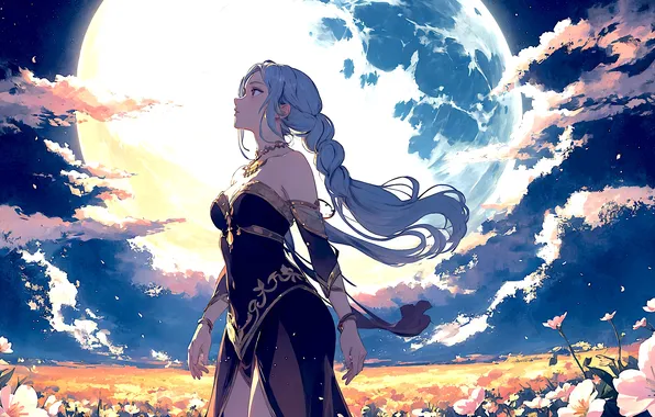 Moon, fantasy, magic, dress, field, night, flowers, clouds