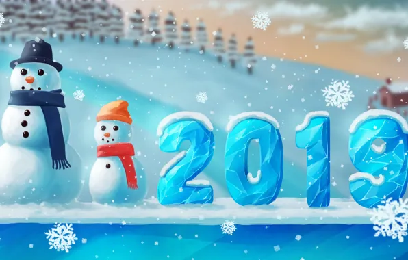 Цифры, снеговики, снеговик, ice, house, new year, hat, winter