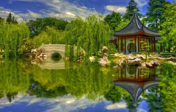 Деревья, пейзаж, пруд, парк, отражение, камни, пагода, США