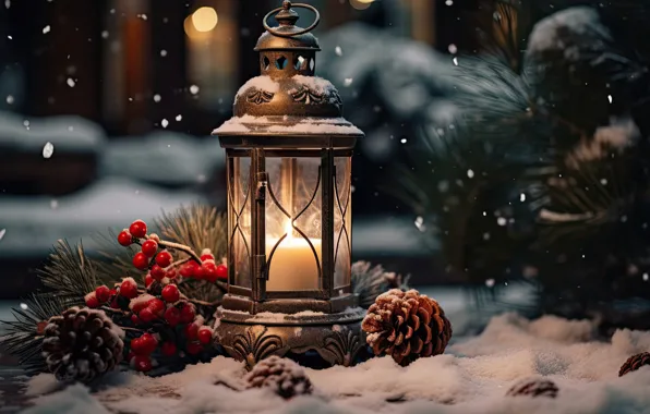 Зима, снег, украшения, Новый Год, Рождество, фонарь, light, new year