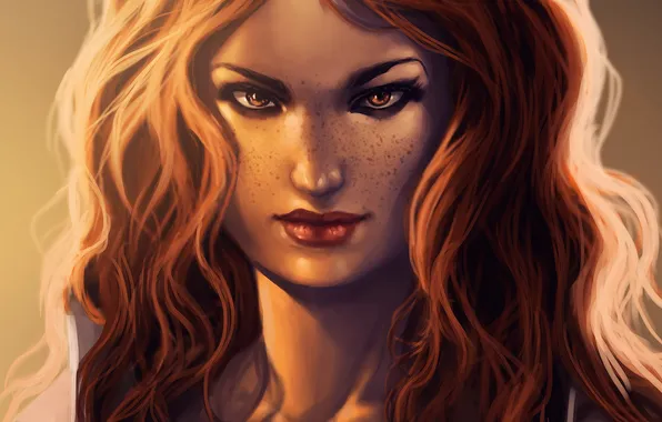 Картинка девушка, лицо, арт, рыжая, локоны, Guild Wars, Rivka