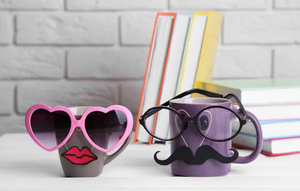 Книги, кофе, очки, кружка, cup, lips, funny, glasses