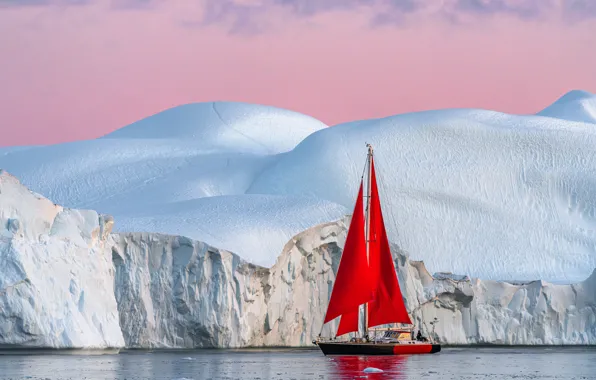 Картинка лёд, яхта, айсберг, алые паруса, Гренландия, Greenland, Disko Bay, Залив Диско