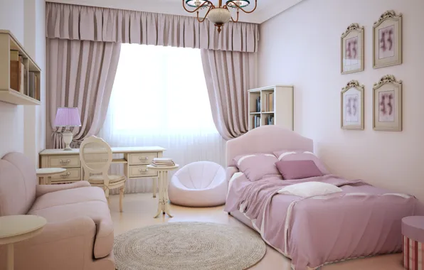 Дизайн, комната, кровать, окно, люстра, шторы, room, interior