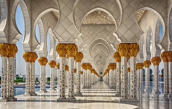 Картинка бассейн, архитектура, колонна, ОАЭ, Абу-Даби, мечеть шейха Зайда