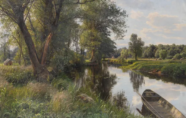 Картинка природа, река, лодка, картина, Петер Мёрк Мёнстед, Peder Mørk Mønsted, Летний Пейзаж