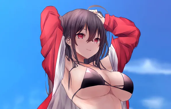 Girl, sexy, cleavage, sky, long hair, boobs, anime, beautiful