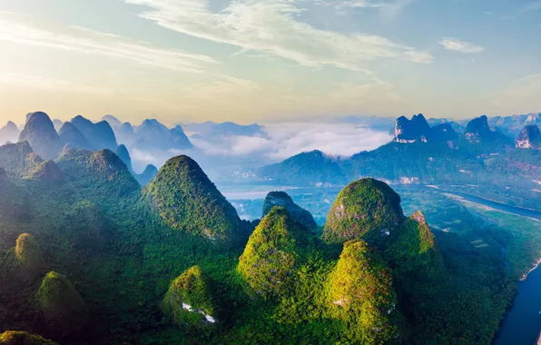 China, Китай, Guilin, Гуйлинь, Aerial View, Вид с высоты птичьего полета, Karst Mountains Sunrise, Восход …