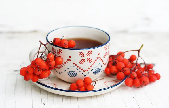 Осень, ягоды, чай, чашка, блюдце, рябина