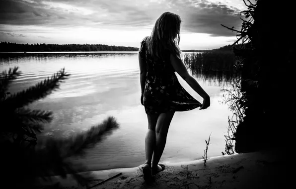 Песок, лес, вода, девушка, пейзаж, природа, корни, река