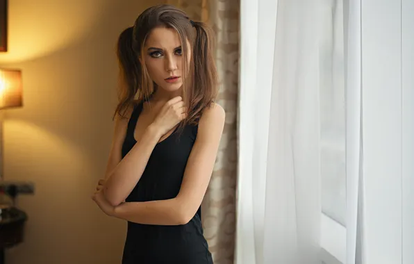 Model, Black Dress, Pony Tail, Ksenia Kokoreva, At The Window